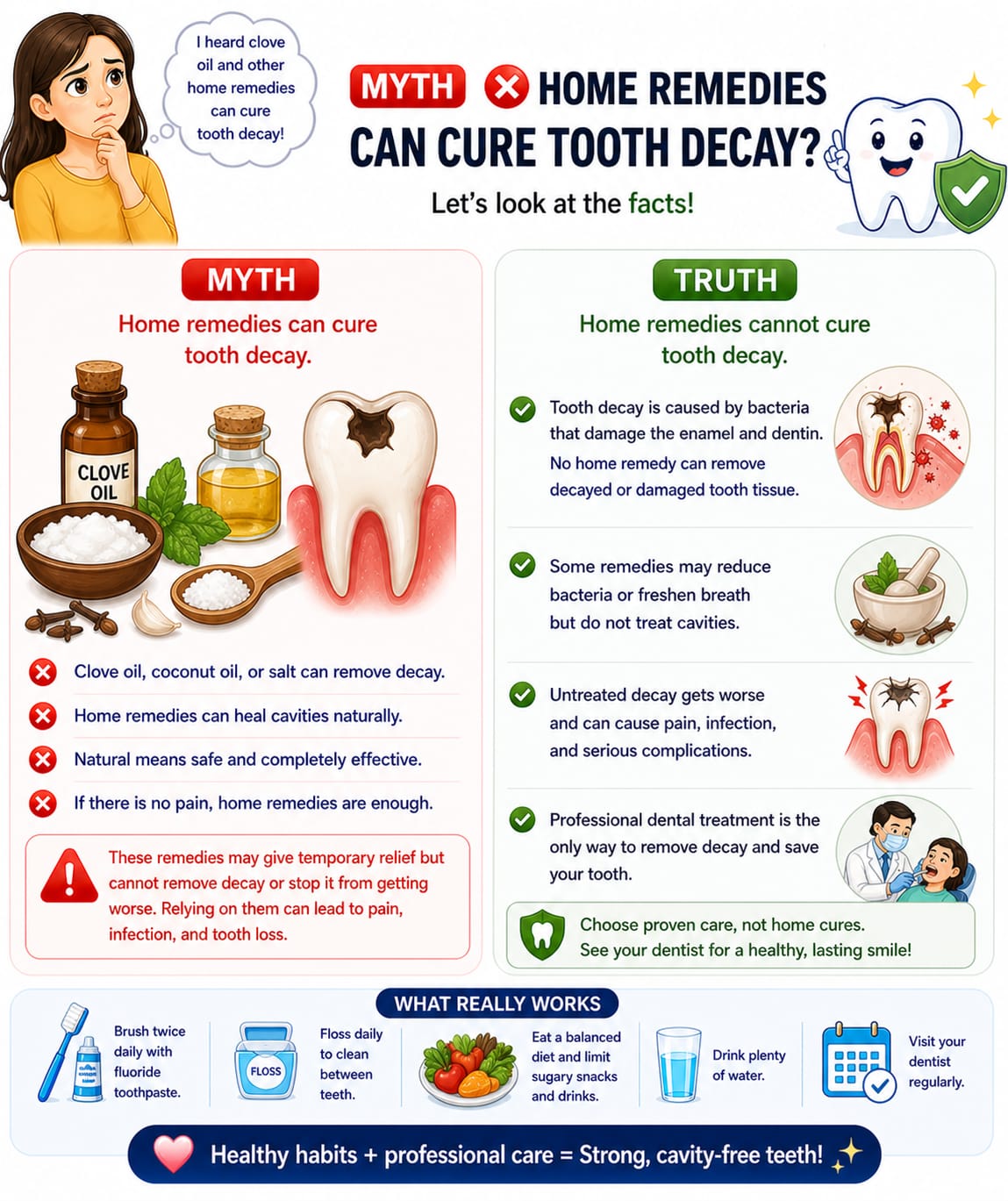 Dental myth and fact poster about home remedies for tooth decay